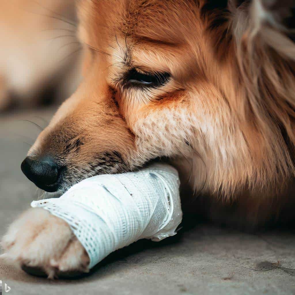 dog with cut paw pad and bandage wrapped around it.